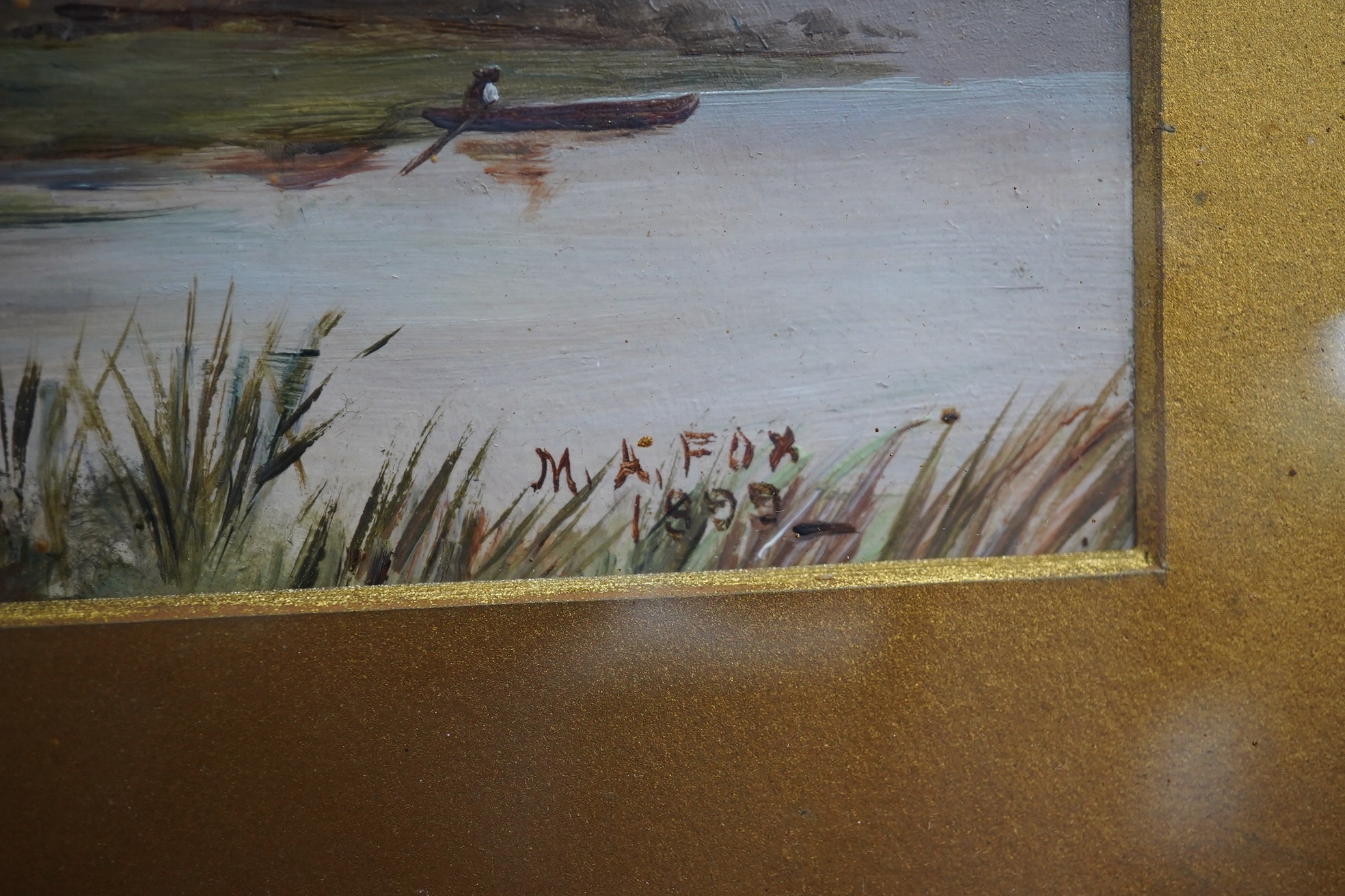 M. A. Fox, oil on board, 'A tranquil morning, June 1899', signed and dated, 16 x 34cm, gilt framed. Condition - good